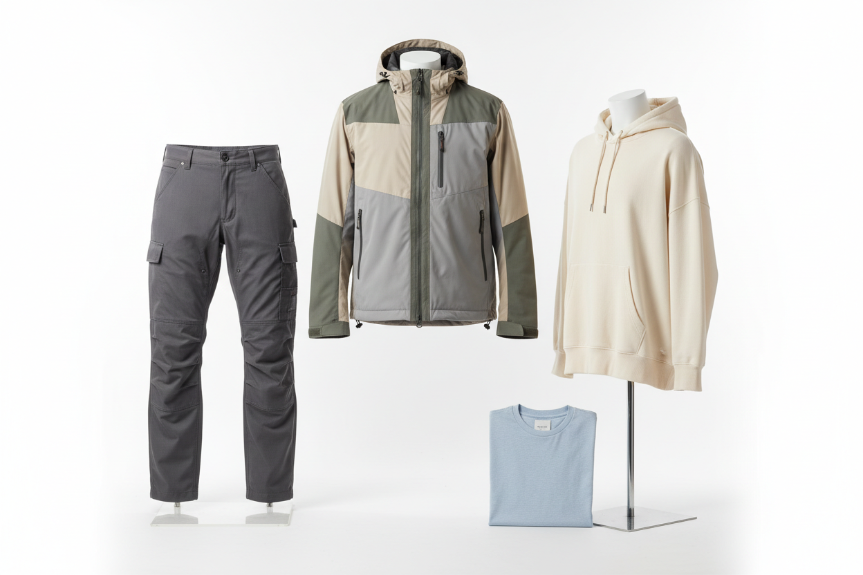 男裝，有衝鋒衣，工裝褲，還有休閒衣服